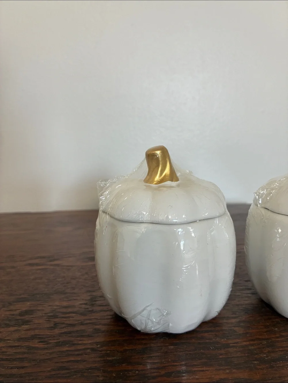 NWT- Set of 3- White Ceramic Pumpkin Jars with Lid & Gold Stems